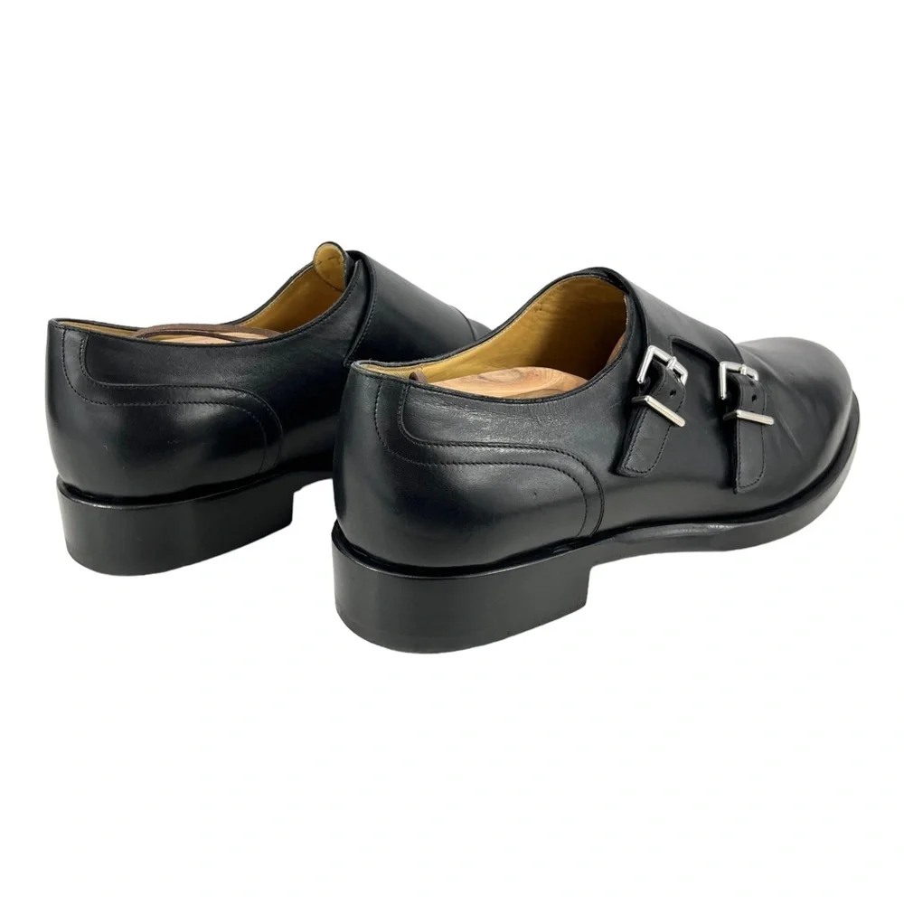 Hermès Men’s 42 Double Monk Strap Black Calfskin Dress Shoes Silver‎ Buckles